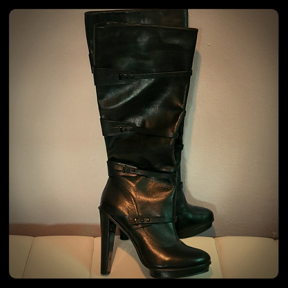 BCBGMaxAzria Black Leather Tall Heeled Boots